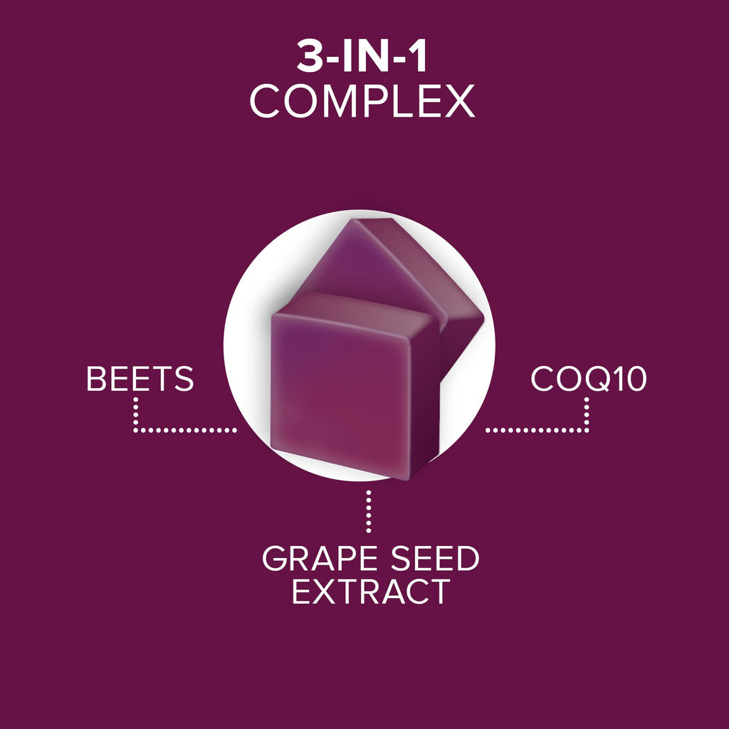 Qunol Beets Chews for Blood Pressure Support, 3 in 1 Beets + CoQ10 + Grape Seed Extract, Supports Healthy Blood Circulation & Heart Healthy Energy, 60 Chews