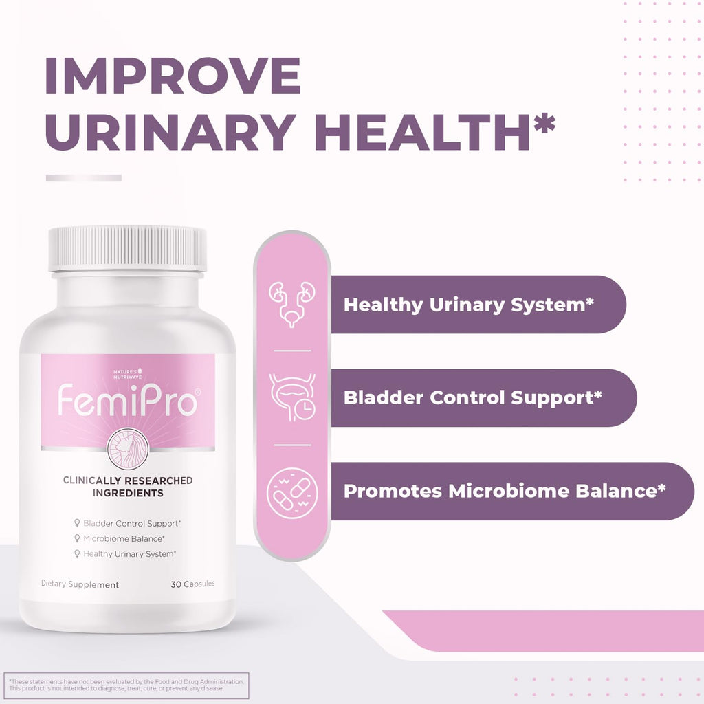 Femipro Bladder Control Supplements for Women & Men, Natural Herb & Probiotic Blend, Supports Urinary Tract Health & Microbiome Balance | Made in USA Non-GMO, 30 Capsules, 3 Month Supply