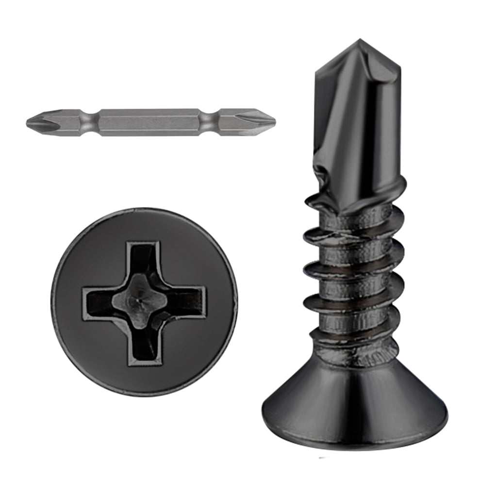 Wensilon（500pcs）#8×5/8”for Sheet Metal Self-Tapping Screws 410 Black Stainless Steel Flat Head High-Strength Quick self-Drilling Screws