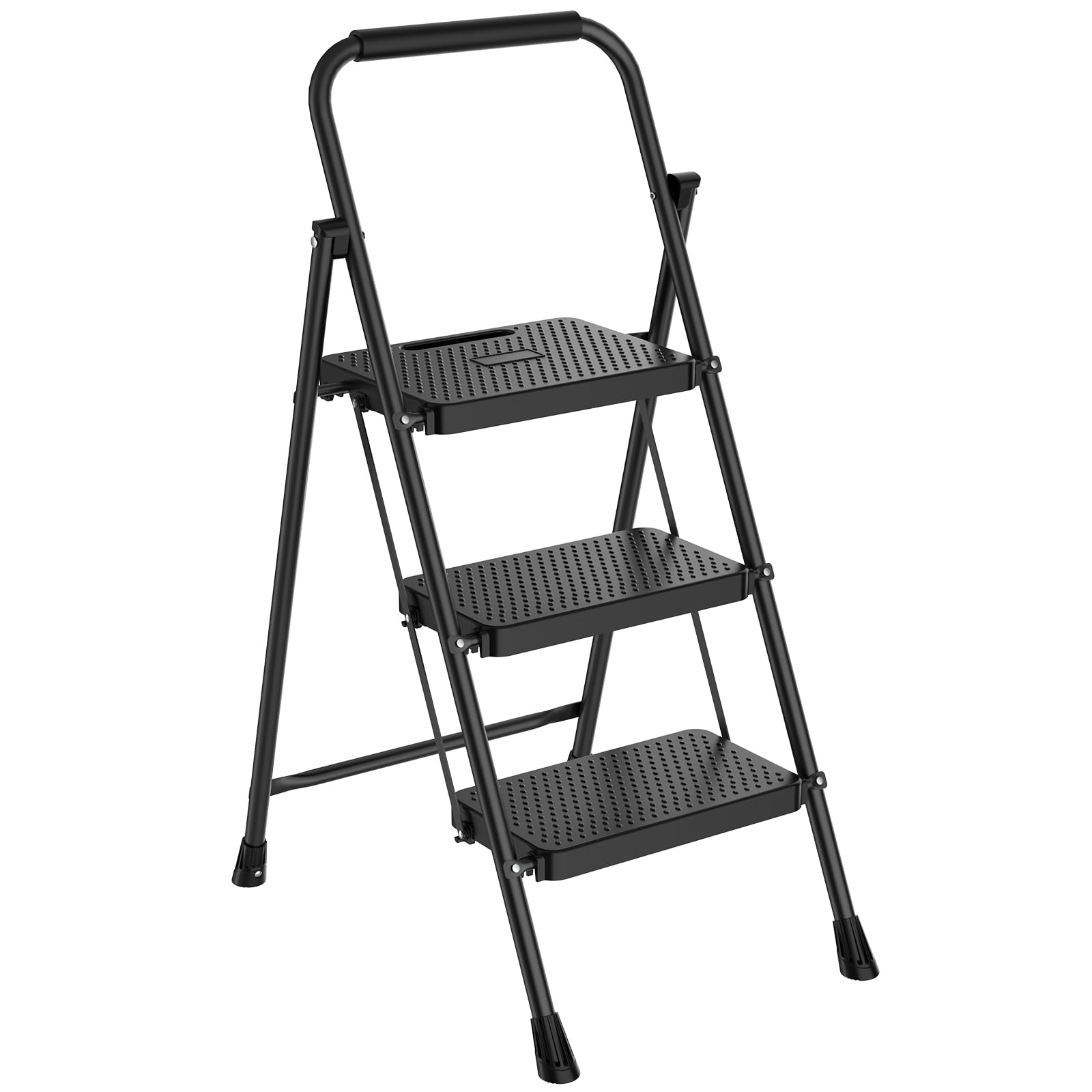 NEWBULIG 3 Step Ladder, Foldable Step Stool with Safety Lock, Lightweight Portable Steel Stool with Anti-Slip Rubber Feet,for Home Office Garage, Black