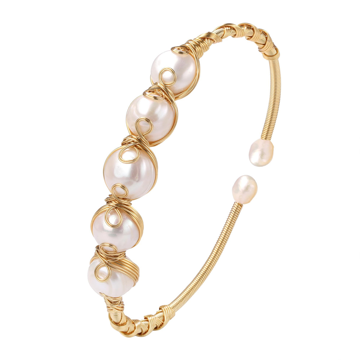 LOOYUUPEE Pearls Bracelets for Women, Natural Freshwater Pearls Bracelets Jewelry Bangle, Lucky Jewelry for Mom Lover Her Diameter 1.96 ins Adjustable (14K Gold Plated)