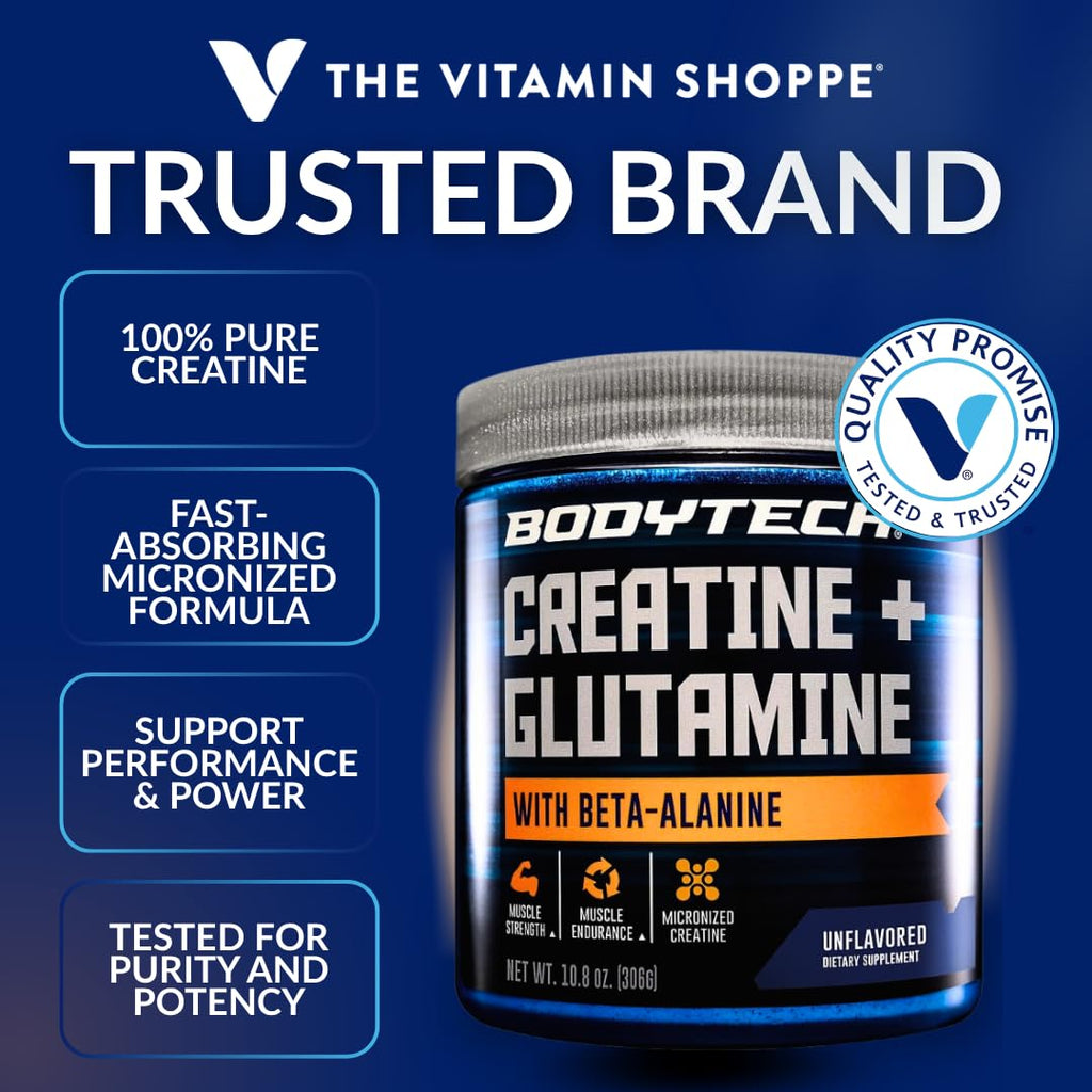 BodyTech Creatine + Glutamine with Beta Alanine Powder, Supports Training & Recovery, Pre Workout & Post Workout Supplement for Men & Women, Unflavored, Gluten Free, 10.8 Oz, 30 Servings