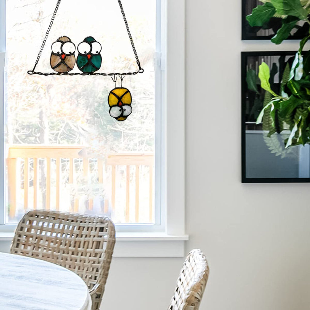 Multicolor Owls on a Wire Suncatcher Panel Stained Glass Window Hanging