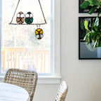 Multicolor Owls on a Wire Suncatcher Panel Stained Glass Window Hanging