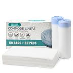 Commode Liners with Absorbent Pads, 50 Bedside Commode Liners and 50 Commode Pads, Portable Toilet Liners, Disposable Commode Bags Universal Fit All Standard Toilet Chair Bucket