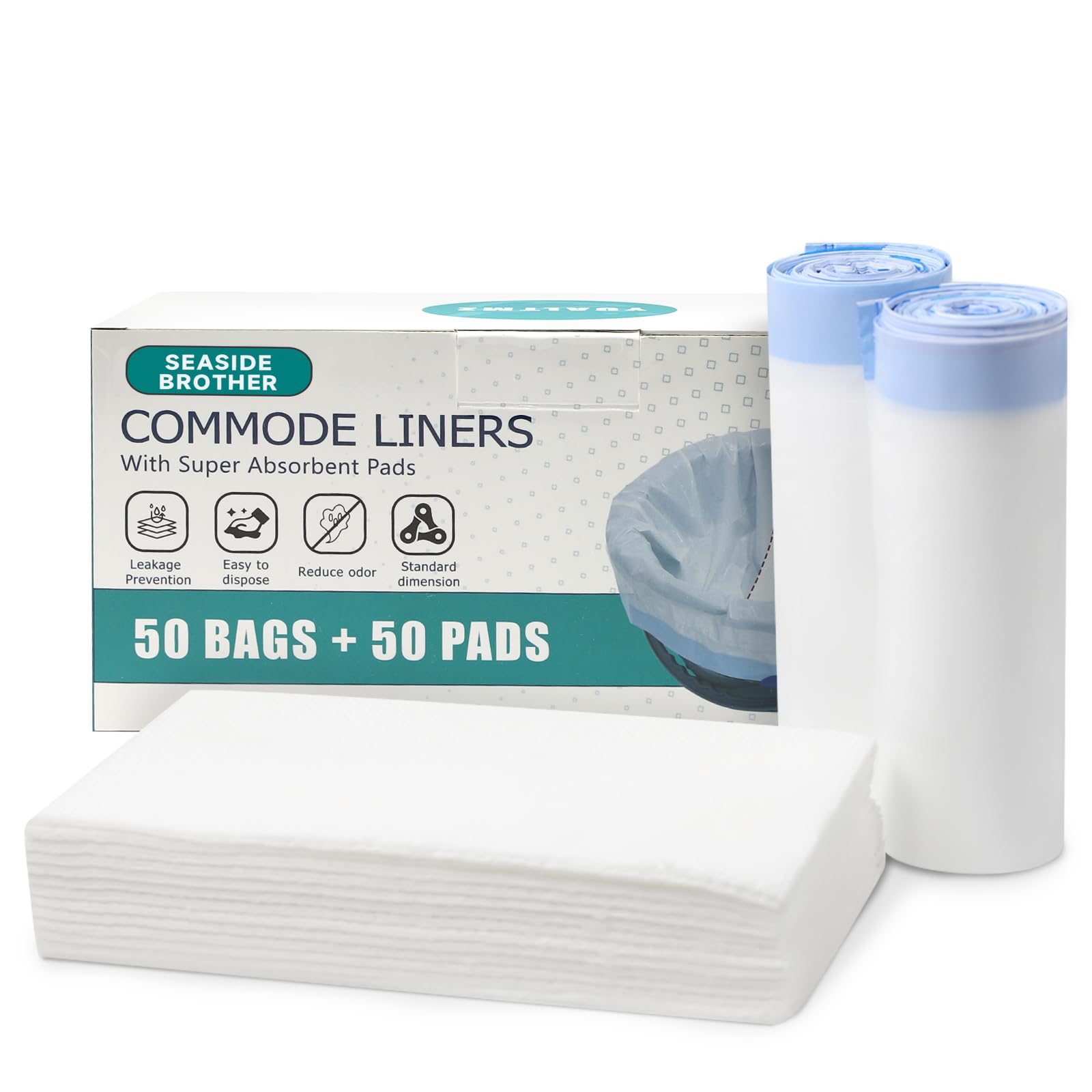 Commode Liners with Absorbent Pads, 50 Bedside Commode Liners and 50 Commode Pads, Portable Toilet Liners, Disposable Commode Bags Universal Fit All Standard Toilet Chair Bucket