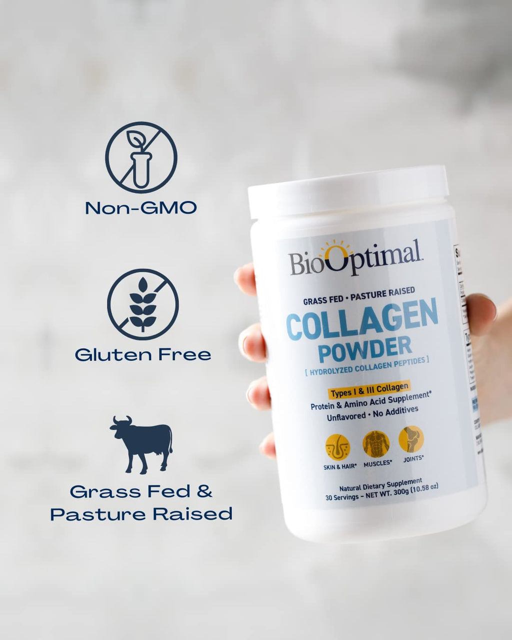 BioOptimal Collagen Peptides Powder - Grass-Fed, Pasture-Raised Hydrolyzed Protein Supplement for Skin, Hair, & Nails - Non-GMO, Zero Sugar Daily Supplement for Men & Women (30 Servings)