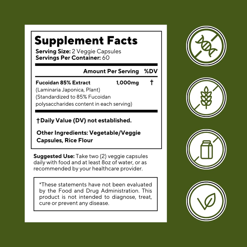 Vitapia Pure Fucoidan 85% Brown Seaweed Extract for Immune, Strong Cellular Health, Digestive Support - 1000mg Fucoidan Per Serving - 120 Veggie Capsules Non-GMO, Gluten-Free, Vegan-Friendly