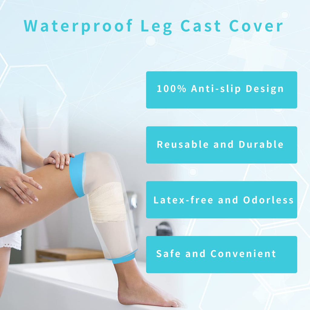 SUPERNIGHT Waterproof Knee Cast Cover for Shower, Adult PICC Line Covers for Knee, Watertight Reusable Cast Protector for Leg Surgeries Wound Bandage Black (Adult knee Blue)