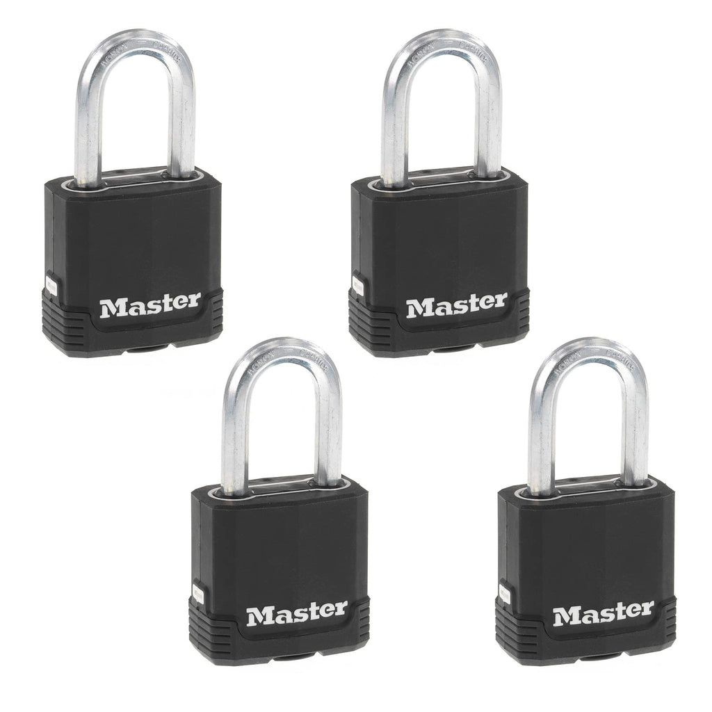 Master Lock Black Key Lock, Heavy Duty Weather Resistant Padlock with Cover, Keyed Alike Padlocks for Outdoor Use, 4 Pack, M115XQLF