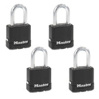 Master Lock Black Key Lock, Heavy Duty Weather Resistant Padlock with Cover, Keyed Alike Padlocks for Outdoor Use, 4 Pack, M115XQLF