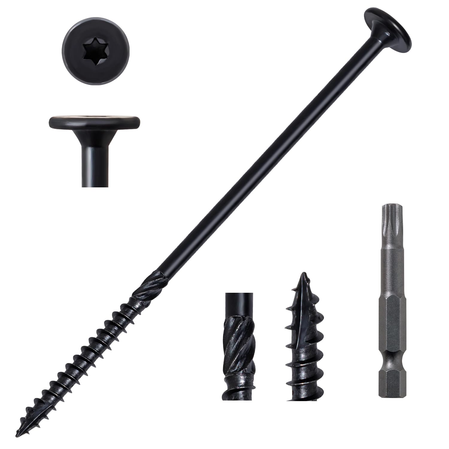 LIONMAX Structural Wood Lag Screws #14 x 6 Inch, 100-PCS, Heavy Duty Exterior Construction Screw, Rust Resistant Coated for Deck/Timber/Landscape, Flat Head Star Drive, T30 Bit Included, Black
