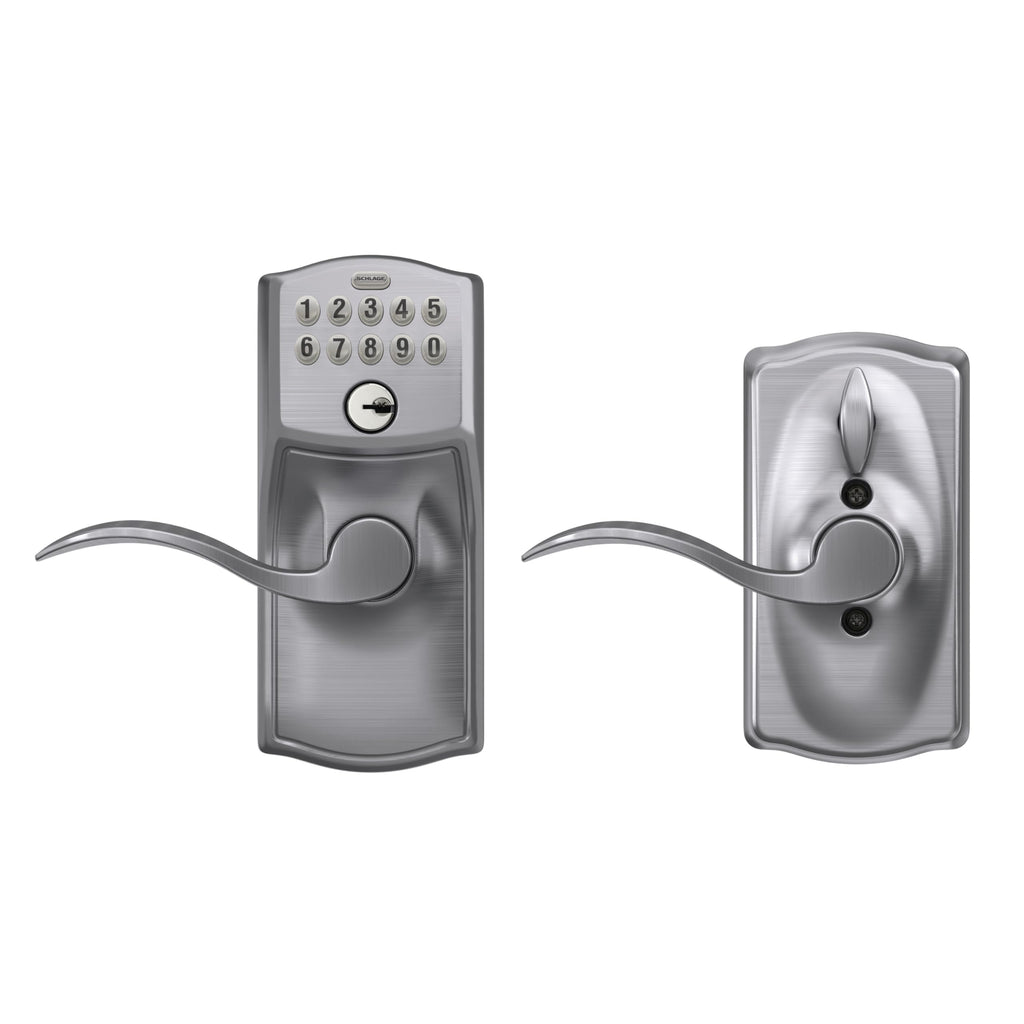 Schlage Camelot Keypad Lock with Lever Handle, Electronic Keyless Door Entry, Flex Lock Auto‑Lock Option, Satin Chrome, FE595 CAM 626 ACC