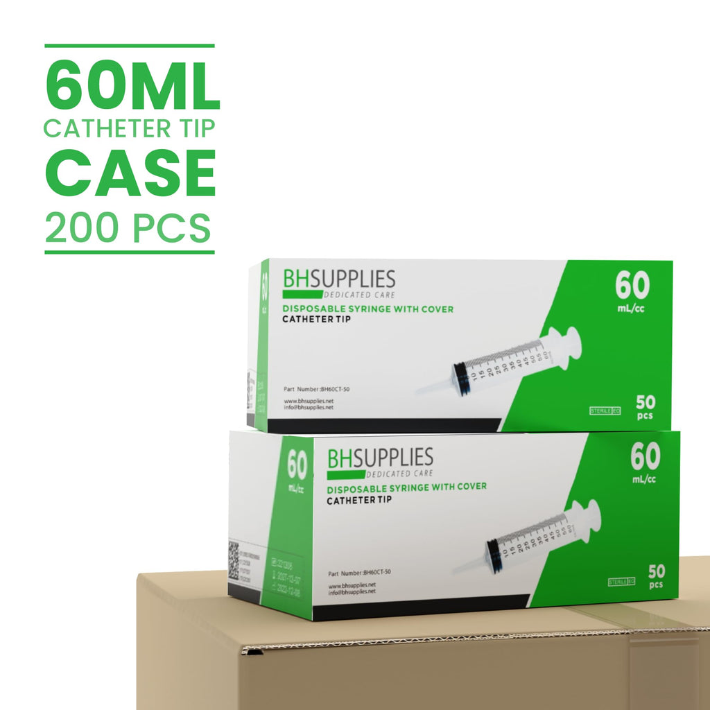 Bulk Case - BH Supplies 60mL Sterile Catheter Tip Syringes with covers, no needles - Individually Wrapped (300 Syringes, 6 Boxes, 50 Units Each)
