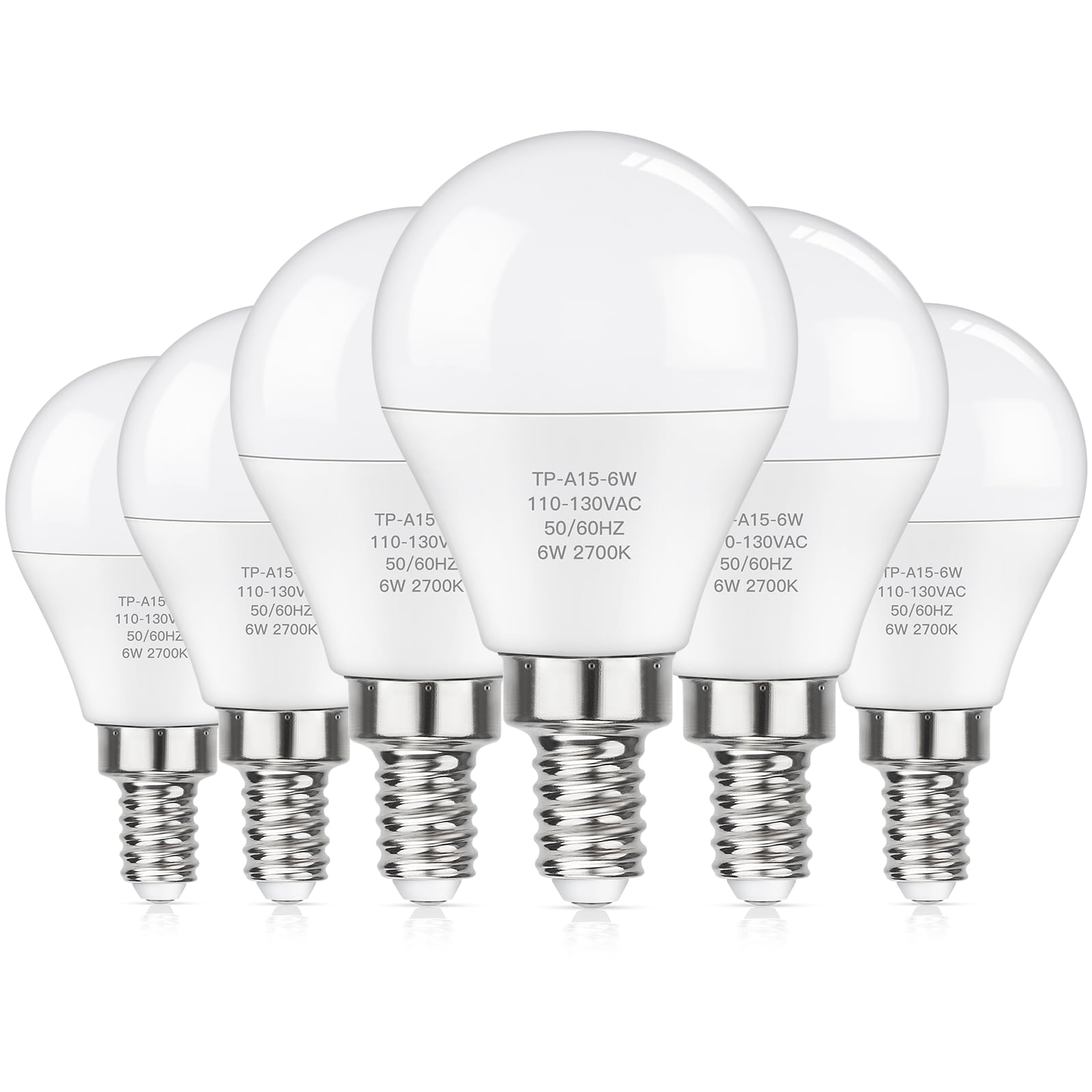 MAXvolador E12 LED 60W Equivalent Warm White 2700K Ceiling Fan Bulbs, 600LM CRI 85+ Small Base Candelabra Bulbs, 6W Non-Dimmable, Pack of 6