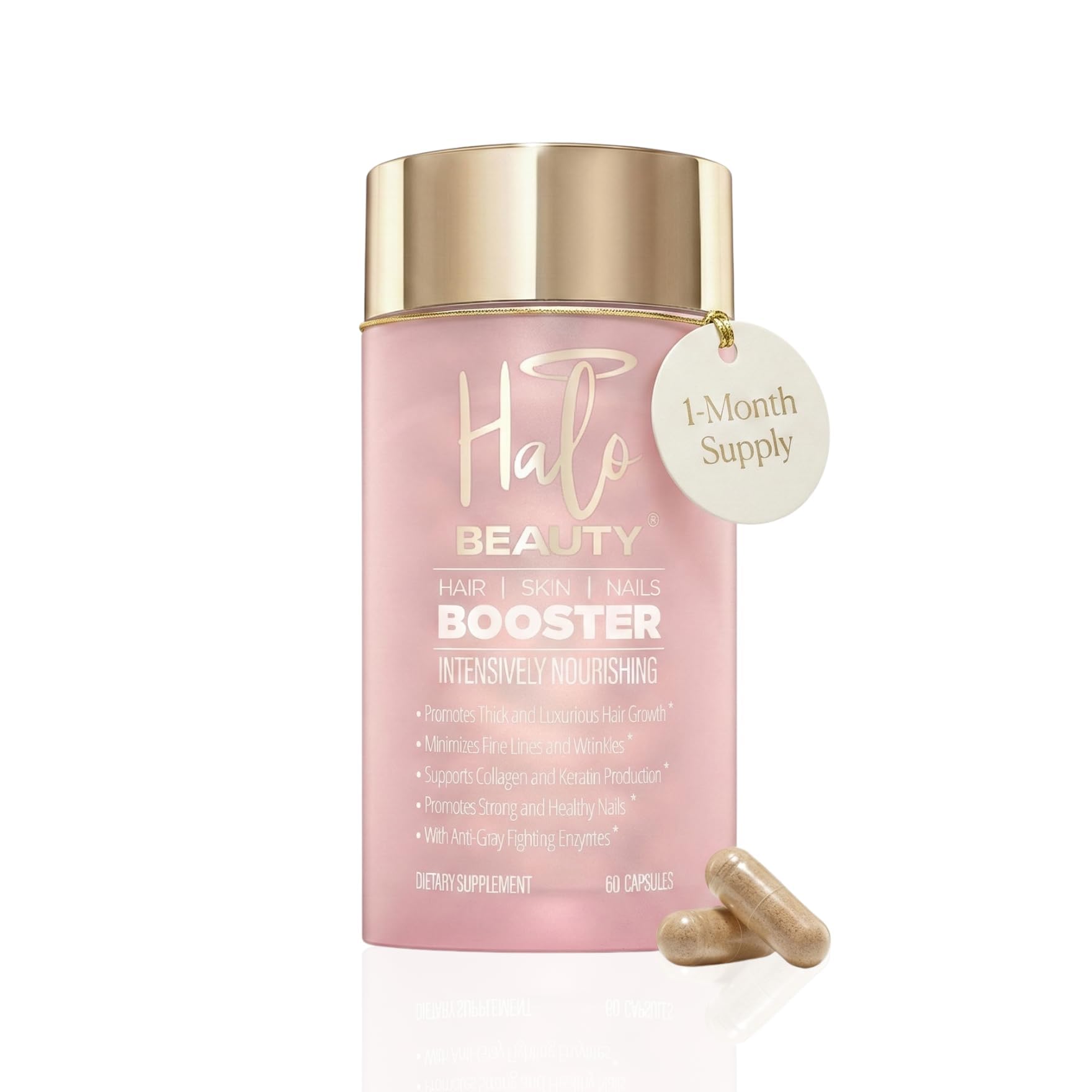 Halo Beauty Hair Skin & Nails Supplement | Thicker Hair Growth, Radiant Skin & Strong Nails Support with Biotin, Saw Palmetto & Phytoceramides | Vegan Capsules | Made in USA | 1-Month Supply
