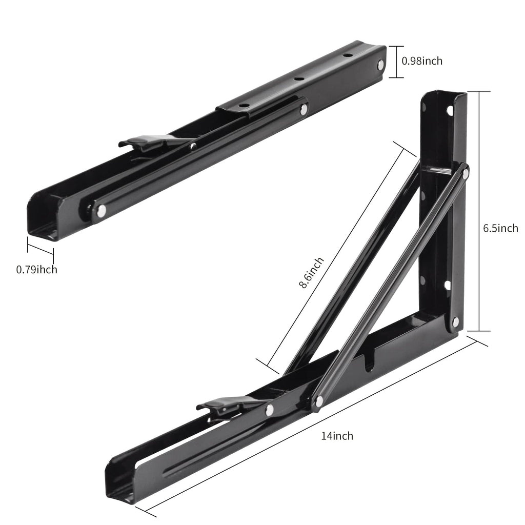 YUMORE Folding Shelf Brackets, 14 Inch Heavy Duty Collapsible Shelf Bracket, Black DIY L Bracket for Workbench Folding Table Hinge, Max Load: 330lb, 2 Pack