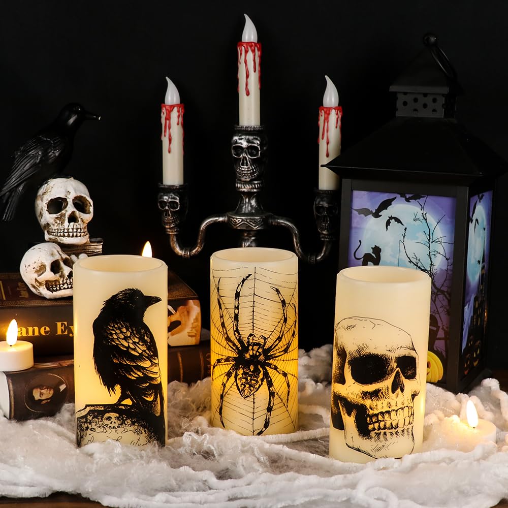Eldnacele Skull Halloween Flameless Candles Battery Operated with 6H Timer
