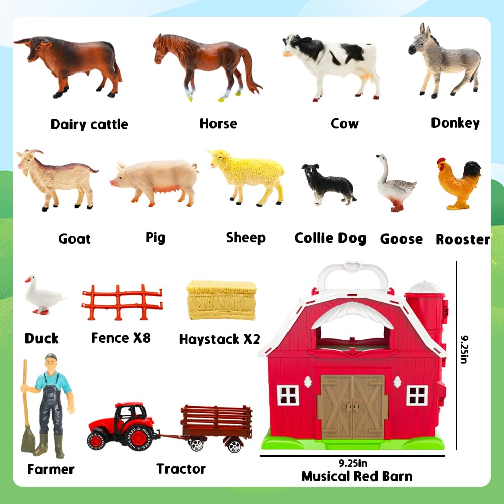 Big Red Barn Toys for Kids 3, Farm Animal Figures Playset with Tractor for 3 4 5 Year Old Kids, Musical Preschool Montessori STEM Learning Toys, Christmas Birthday Easter Gift for Boys Girls