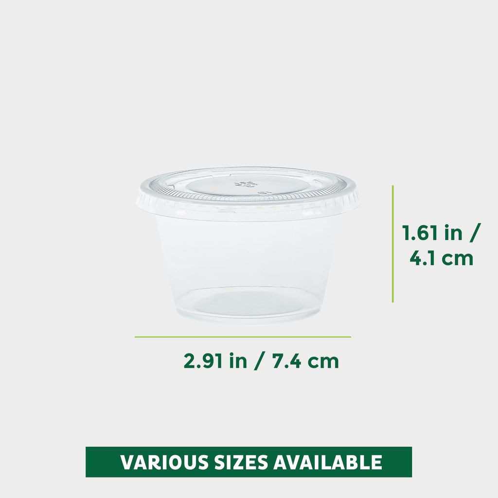Freshware Plastic Portion Cups with Lids [4-Ounce, 100 Sets] - Souffle, Sampling, Sauce, Snack, Dressing, Jello Shot Cups, Plastic Containers, BPA Free