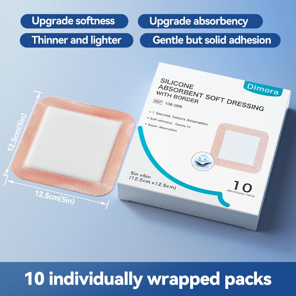 Dimora Silicone Super Absorbent Wound Dressings - Gentle Adhesive Bandages with Ultrasorb Polymer,Heavy Exudate Wound Care Pads 5"X 5" 10 Count