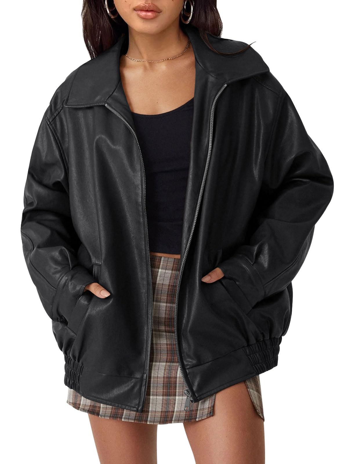 AUTOMET Women's Oversized Faux Leather Jacket for Fall and Winter