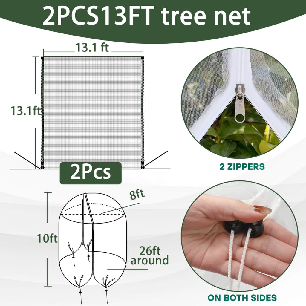 2 Pack 13x13 FT Fruit Tree Net Bags, Zipper Bird Net Cover for Apple Trees