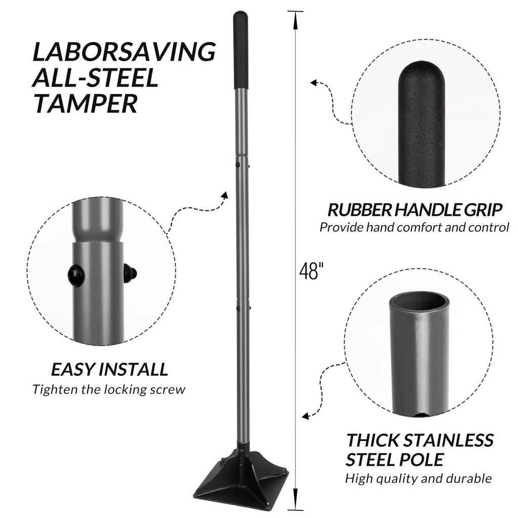 Walensee 10" x 10" Steel Tamper Tool with 48" Handle, Heavy Duty Ground Tamper with Rubber Grip for Leveling Paver Base, Ideal for Dirt Compacting, Gravel and Sand, Driveways and Blacktop Repair