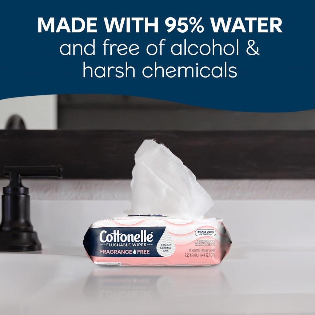 Cottonelle Fragrance Free Flushable Wet Wipes, Adult Wet Wipes, 2 Flip-Top Packs, 42 Wipes Per Pack