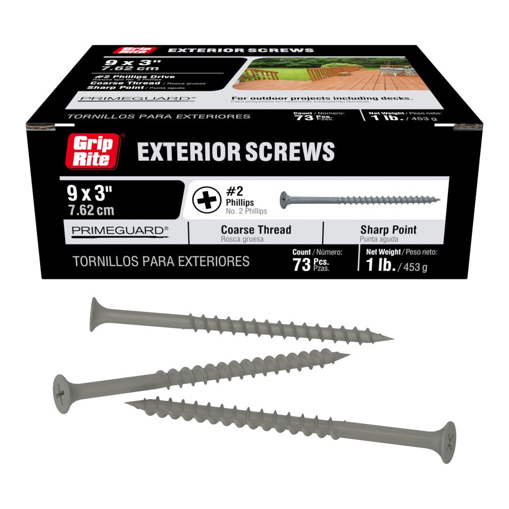 Grip-Rite Exterior Screws - Safe for Use in Treated Lumber - #2 Phillips Bugle Head - Coarse Thread Deck Screws - PrimeGuard Coating - 1lb Box - #9 x 3 - Gray - PTN3S1