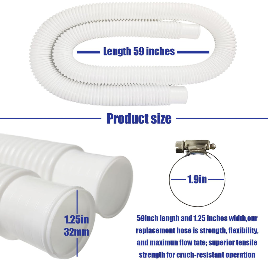 2 Pack Pool Pump Replacement Hose,1.25" Diameter, 59" Long Pool Filter Replacement Hoses for Above Ground Pools,Compatible with Intex Filter Pump 607, 637,Includes 4 Metal Clamps (white)