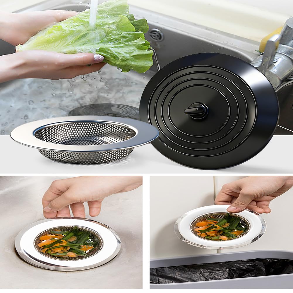 Seatery 4PCS Kitchen Sink Strainer Stopper Kit, Universal Silicone Sink Drain Plug Cover, Drain Water Stopper, 4.5 Inch Stainless Steel Sink Drain Strainer, Food Debris Catcher for Kitchen