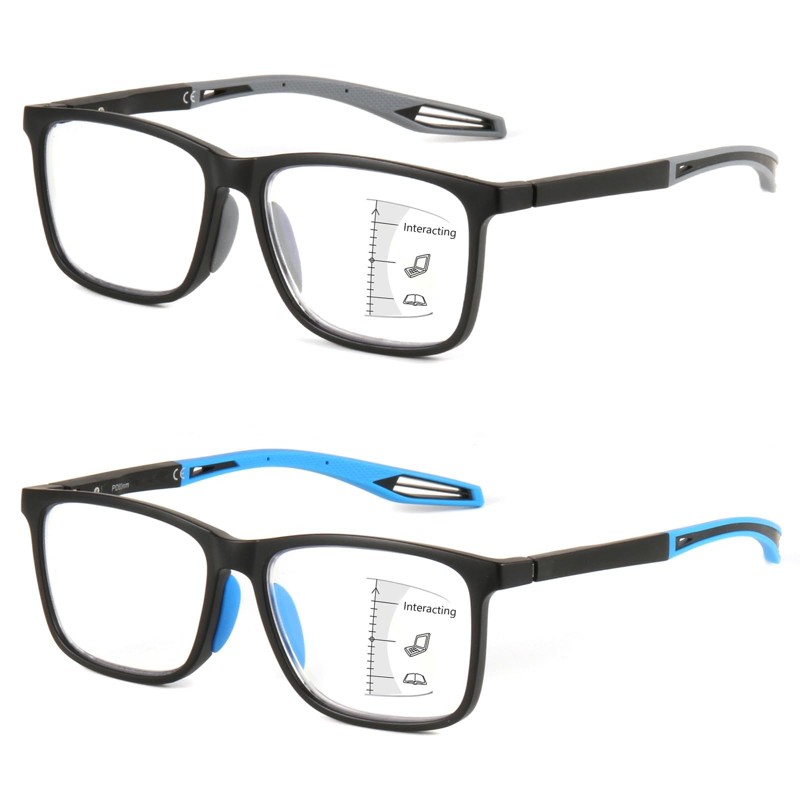 Missfive 2 Pack Upgraded Unbreakable Multifocus Progressive Reading Glasses Men Women, TR90 Sports Style Anti UV/Eyestrain/Blue, Light Multifocal Readers Spring Hinge Near-Workspace Eyewear 1.5x