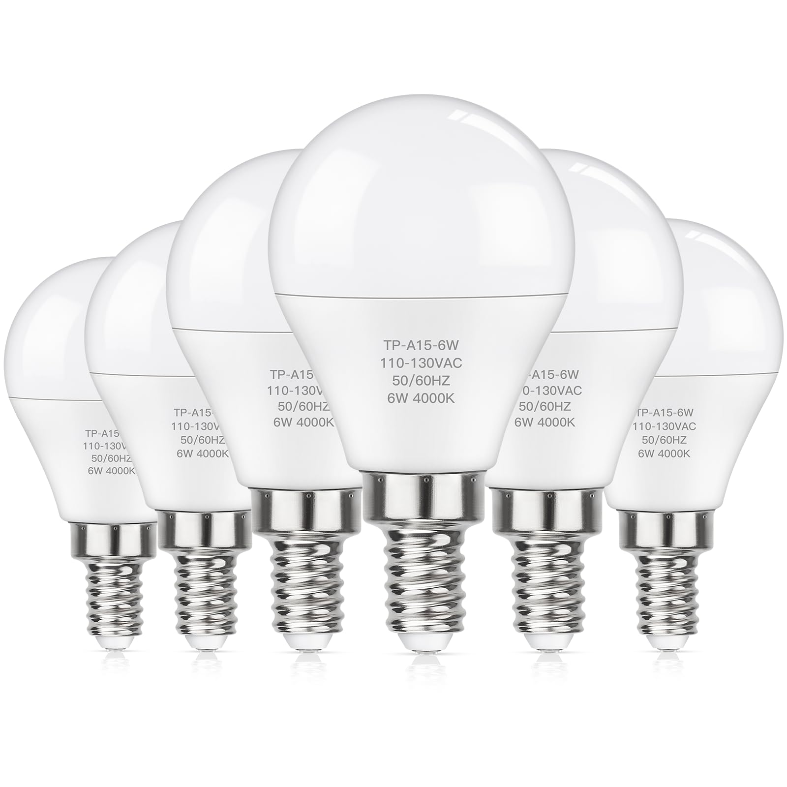 MAXvolador E12 LED 60W Equivalent Neutral White 4000K Ceiling Fan Bulbs, 600LM CRI 85+ Small Base Candelabra Bulbs, 6W Non-Dimmable, Pack of 6