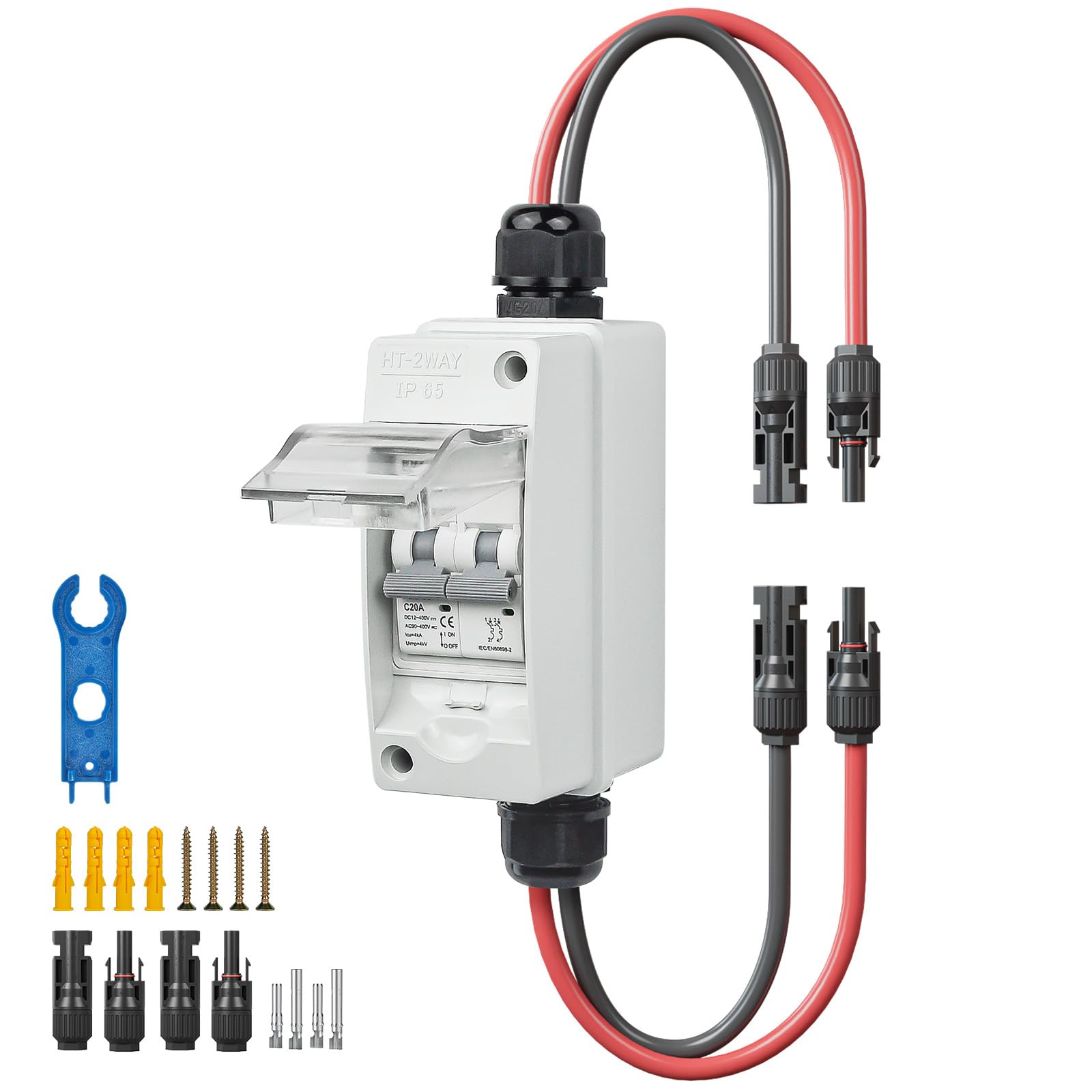 Pjerjzn Solar Panel Disconnect Switch 400V DC/AC 20A Miniature Circuit Breaker with DIN Rail Box Enclosure Outdoor Small Breaker Box IP65 Waterproof UV-Proof for Solar PV Homes, Battery (20 Amp)