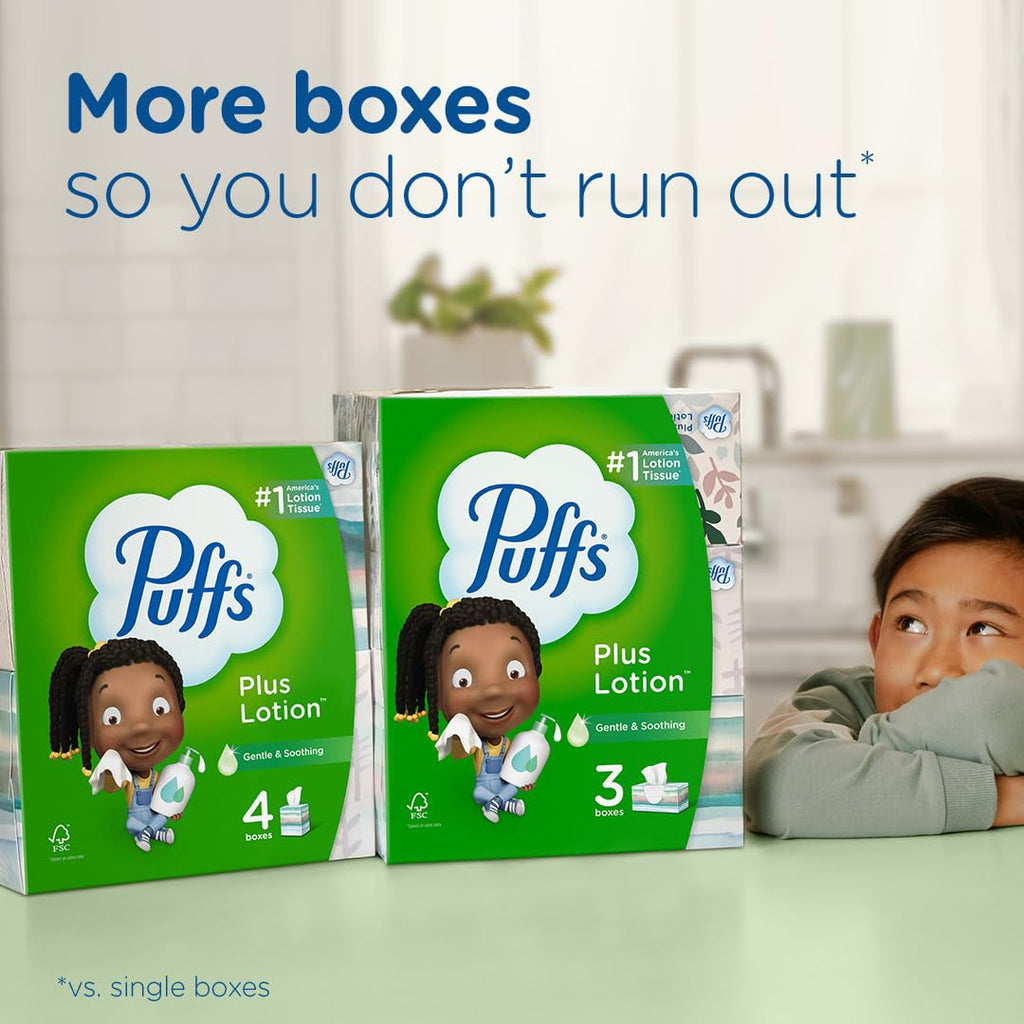 Puffs Plus Lotion Facial Tissue, 18 Cubes, 56 Tissues per Box, Allergies and Colds