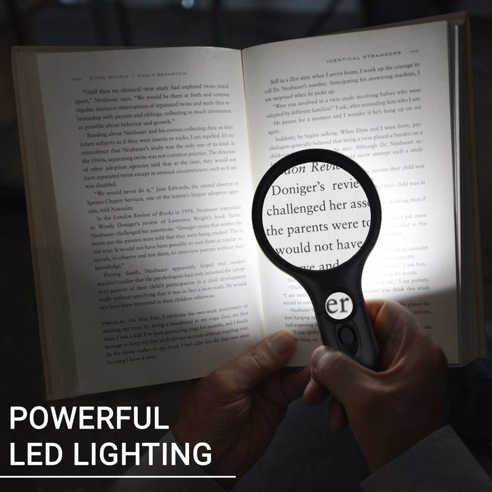 SeeZoom Magnifying Glass with Light, 3X Large Lens + 12X High Power Lens, Lighted Magnifying Glass Handheld Reading Magnifier for Seniors, Small Print, Coins & Jewelry, LED Light