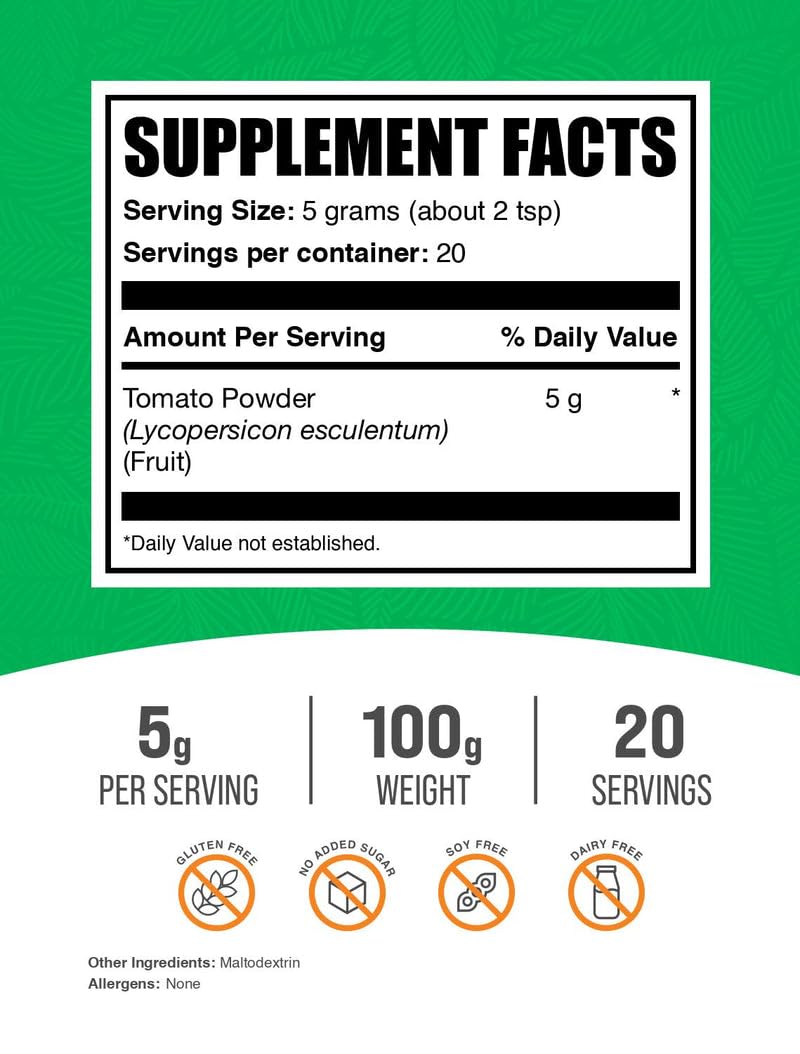 BulkSupplements.com Tomato Powder - Ground Tomato Powder for Coooking - Vegan & Gluten Free, 5g per Serving, 100g (3.5 oz) (Pack of 1)