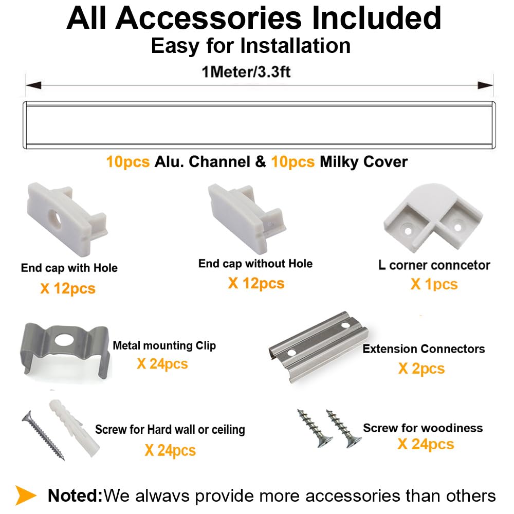 hunhun 10-Pack 3.3ft/1Meter U Shape LED Aluminum Channel System with Milky Cover, End Caps and Mounting Clips, Aluminum Profile for LED Strip Light Installations, Very Easy Installation