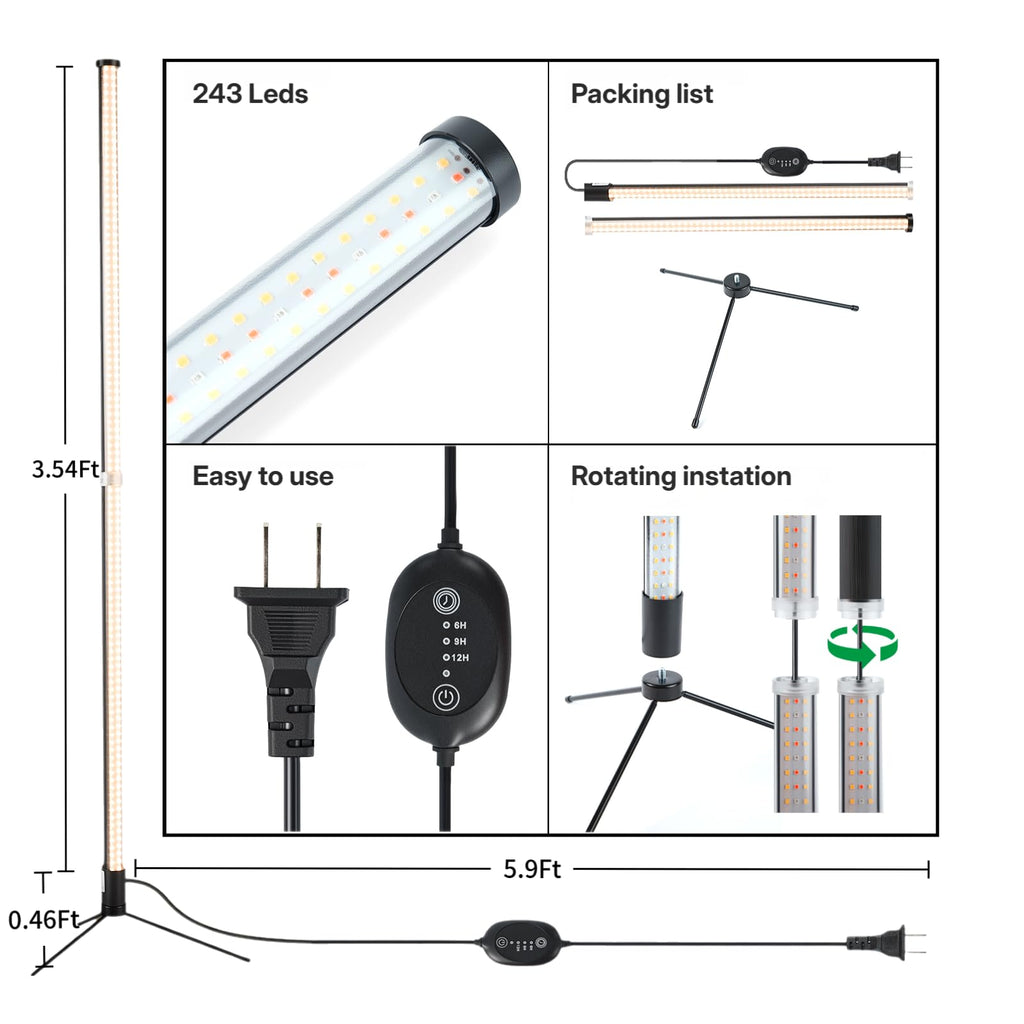 Atmel Standing Grow Lights for Indoor Plants with Timer 4Ft, 3 Adjustable Modes Full Spectrum Plant Lights for Indoor Growing, 243 LED Plant Grow Light for Flowering, Office, Indoor Garden