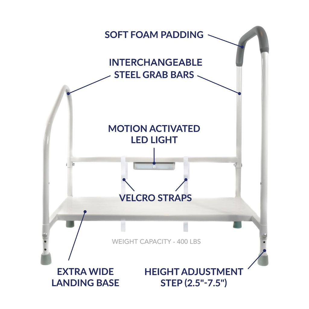 Step2Bed Bed Rails For Elderly with Adjustable Height Bed Step Stool & LED Light for Fall Prevention - Portable Medical Step Stool comes with Handicap Grab Bars making it easy to get in and out of bed