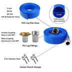 2" x 50' Blue PVC Backwash and Discharge Hose for Swimming Pools, Heavy Duty Reinforced Flat Pool Hose with Aluminum Pin Lug Fittings