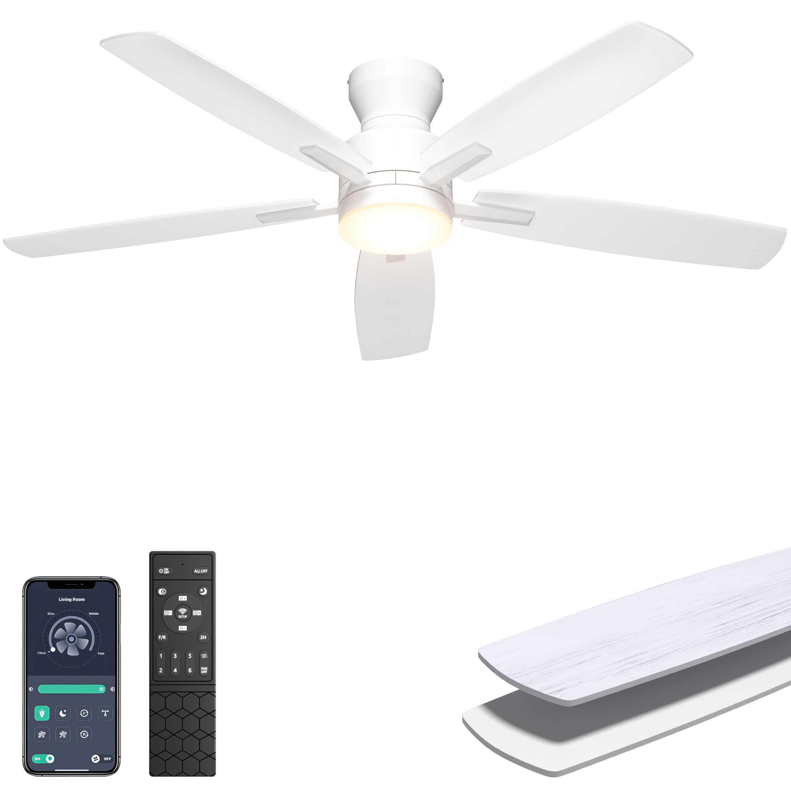 Ohniyou Ceiling Fans with Lights, 52'' Low Profile Ceiling Fan with Light and Remote/APP Control, Modern Flush Mount Ceiling Fan for Indoor Bedroom Living Room, Dimmable, Qiuet DC Motor, White