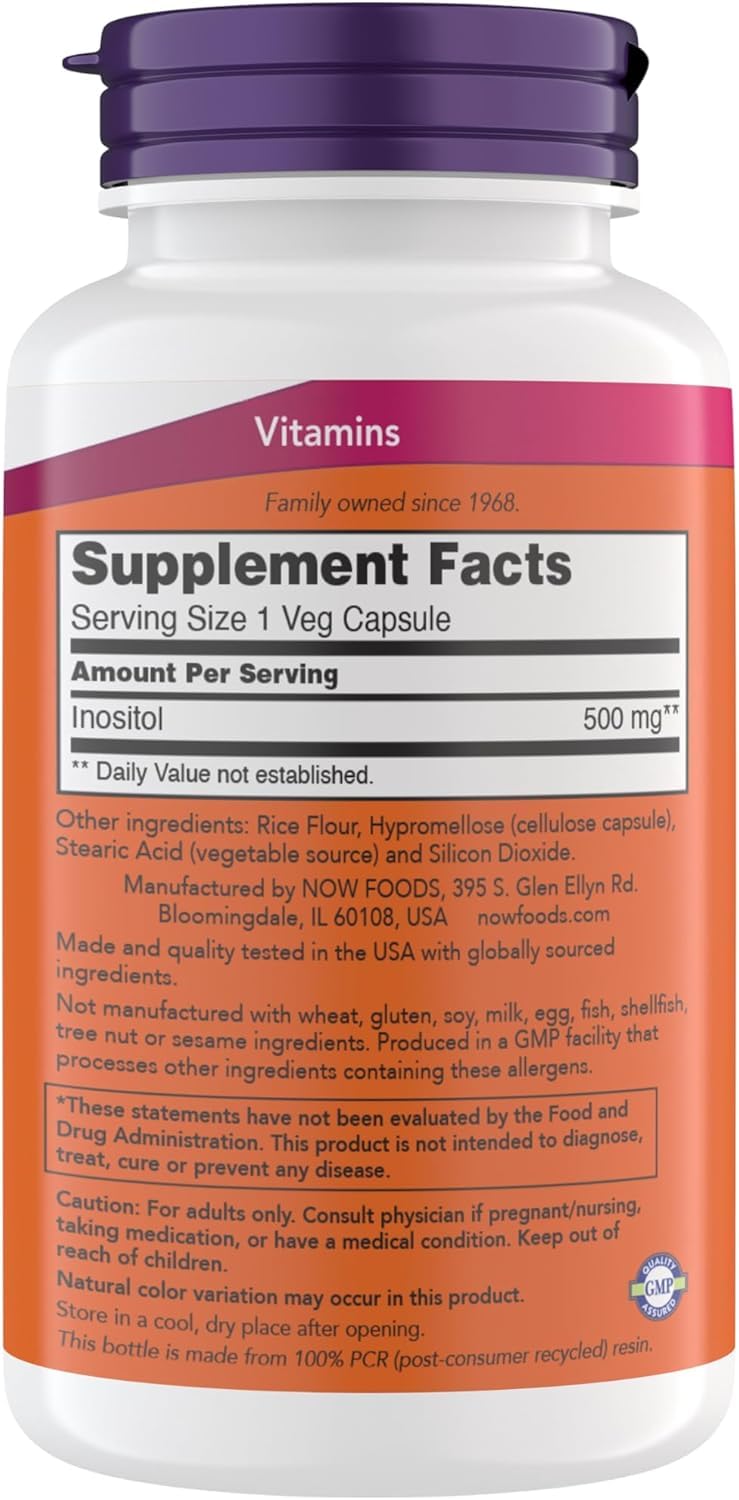 NOW Foods Inositol 500 mg, Superior Myo Inositol Form, for Healthy Membrane Function*, Cellular Health*, Support for Women* Kosher, Suitable for Vegans - 200 Vegetarian Capsules (Pack of 2)