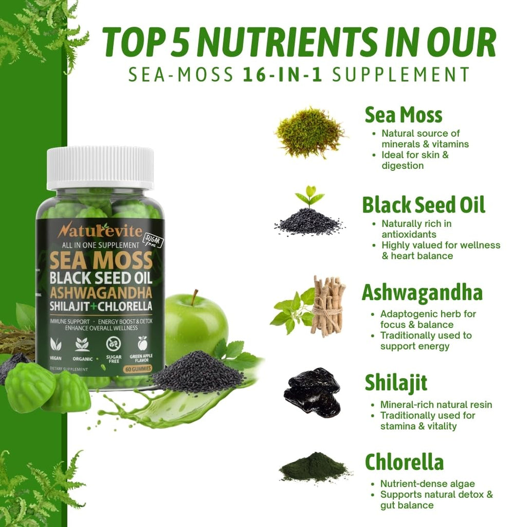 16 In 1 Sea Moss Gummies — US-Made, 3X Potent Seamoss Gummies for Men and Women with Black Seed Oil, Ashwagandha, Burdock, and More — Supports Immunity, Energy & Vitality (30-Day Supply, 60 Gummies)
