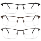 zooxsky 3 Pack Bifocal Reading Glasses for Men,Lightweight Metal Half Frame Clear Top Bi-focal Readers with Spring Hinge+2.50
