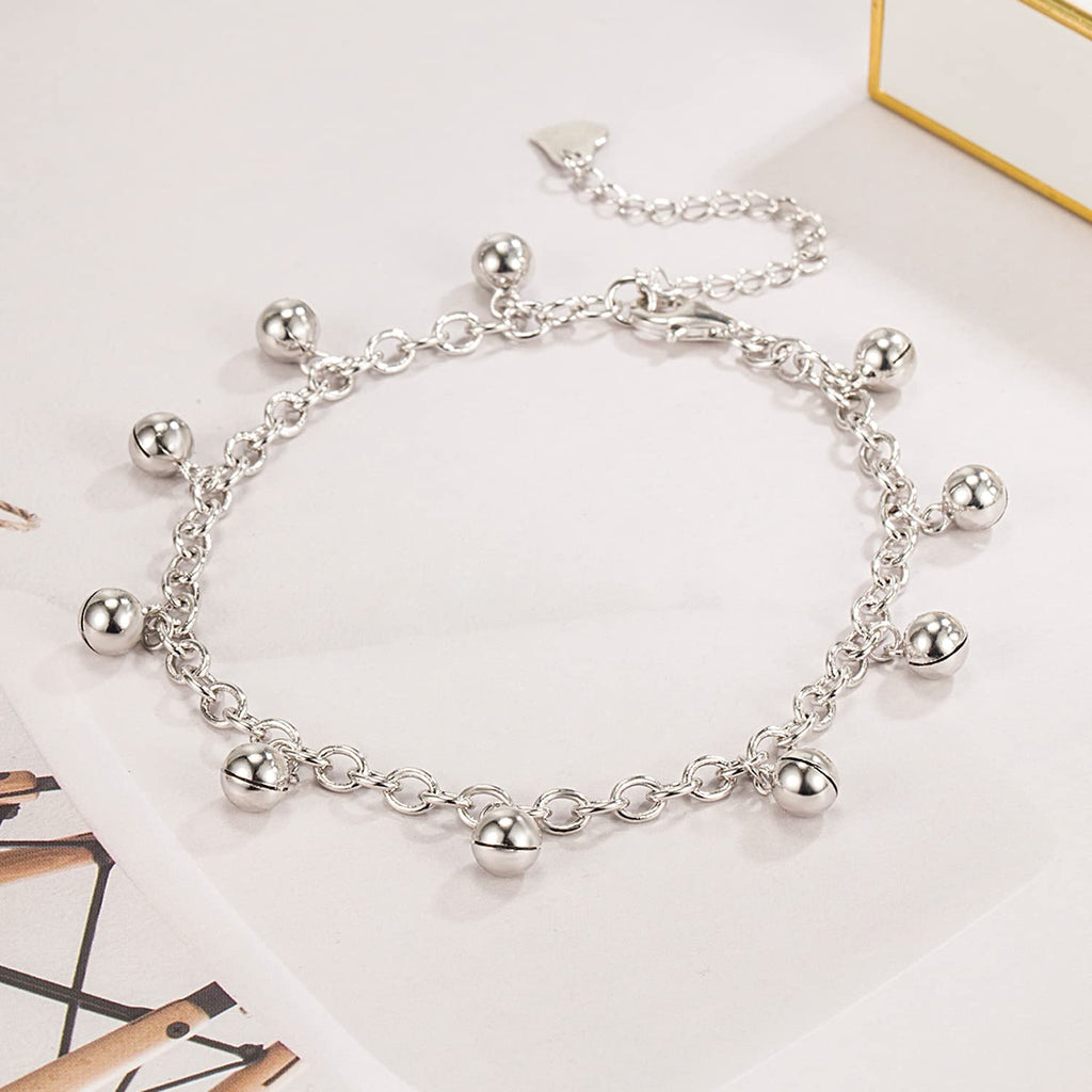 Delicate Women 925 Sterling Silver Ankle Bracelets Cute Bell Chain Beach Anklet Bracelet Boho Adjustable Size Jewelry Gift for her (Anklet, Adjustable Size)