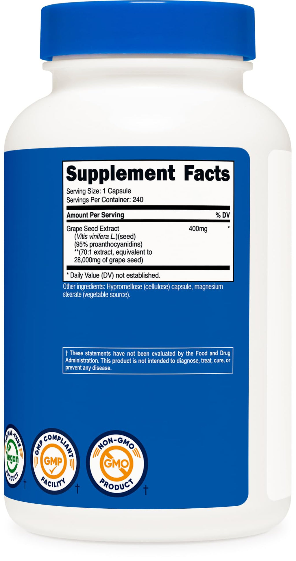 Nutricost Grape Seed Extract 28,000mg Equivalent from 400mg of 70:1 Extract Per Serving, 240 Capsules for 240 Servings Per Bottle - GMO Free and Gluten Free, Vegetarian Friendly