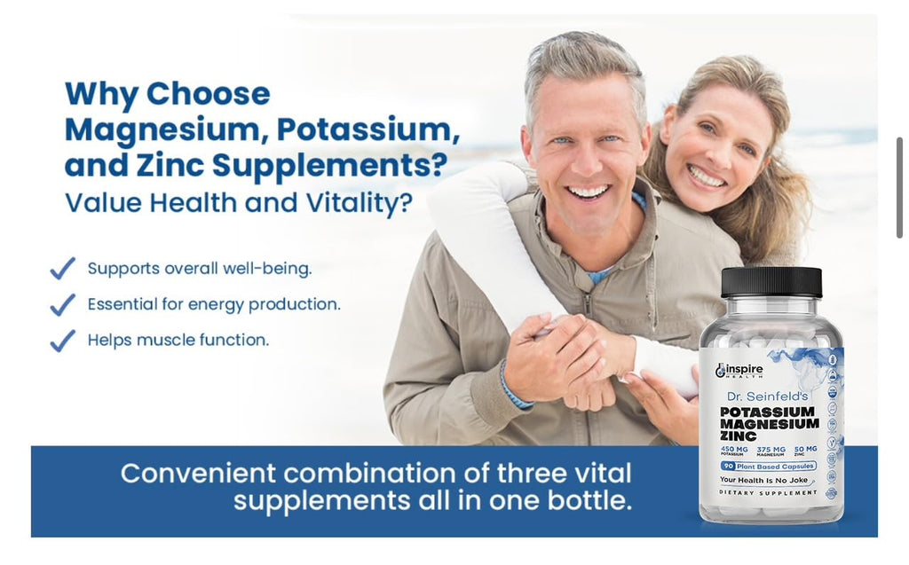 Magnesium Potassium Supplements w/Zinc - 90 Capsules - Magnesium Potassium Zinc for Vascular Health – High Absorption Vegan Supplement for Leg Cramps & Sleep Dr Seinfeld