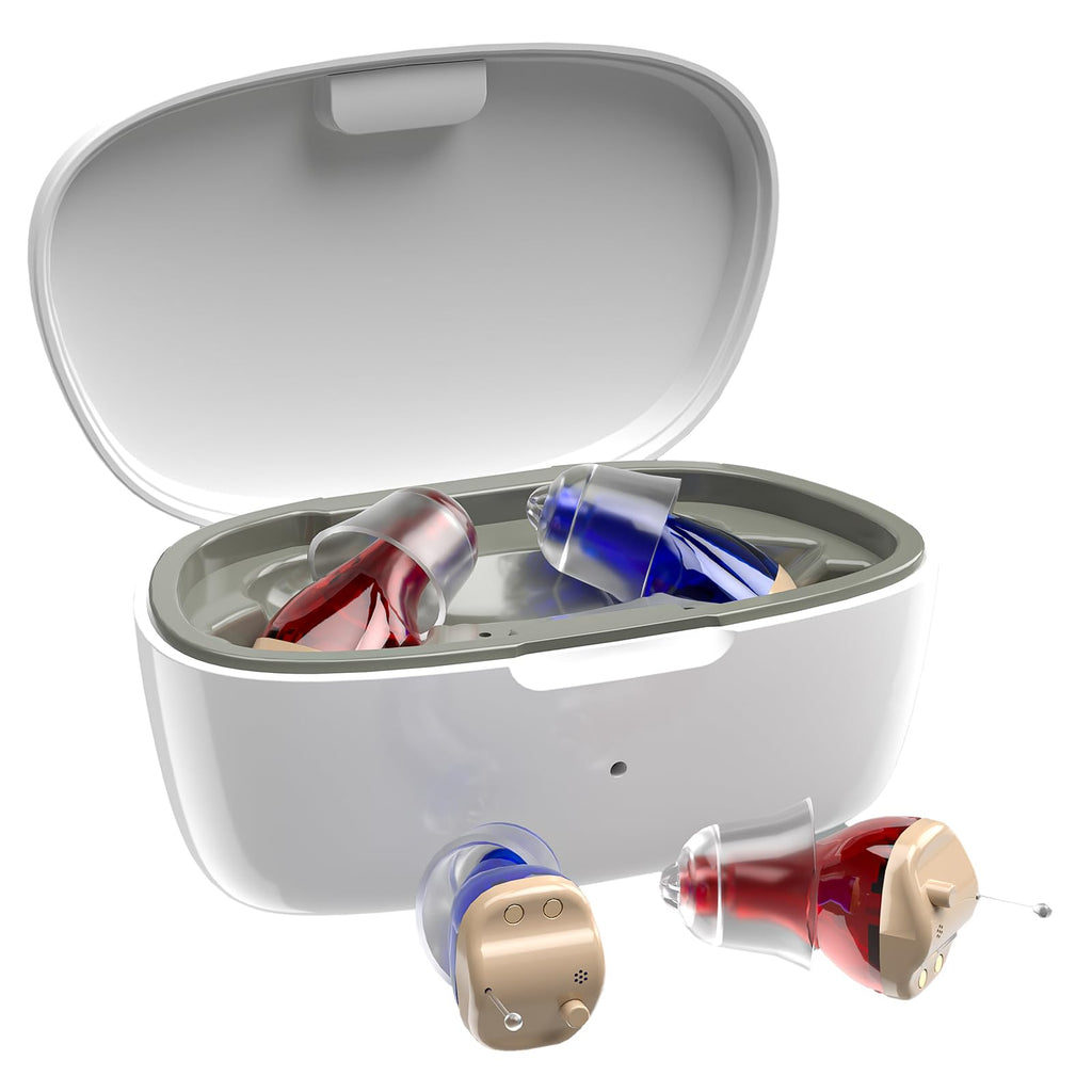 Hearing Aids for Seniors, Invisible Hearing Amplifiers with Noise Cancelling, Rechargeable Hearing Aids for Severe Hearing Loss Adults, Comfort In-ear Hearing Devices(Red and blue)